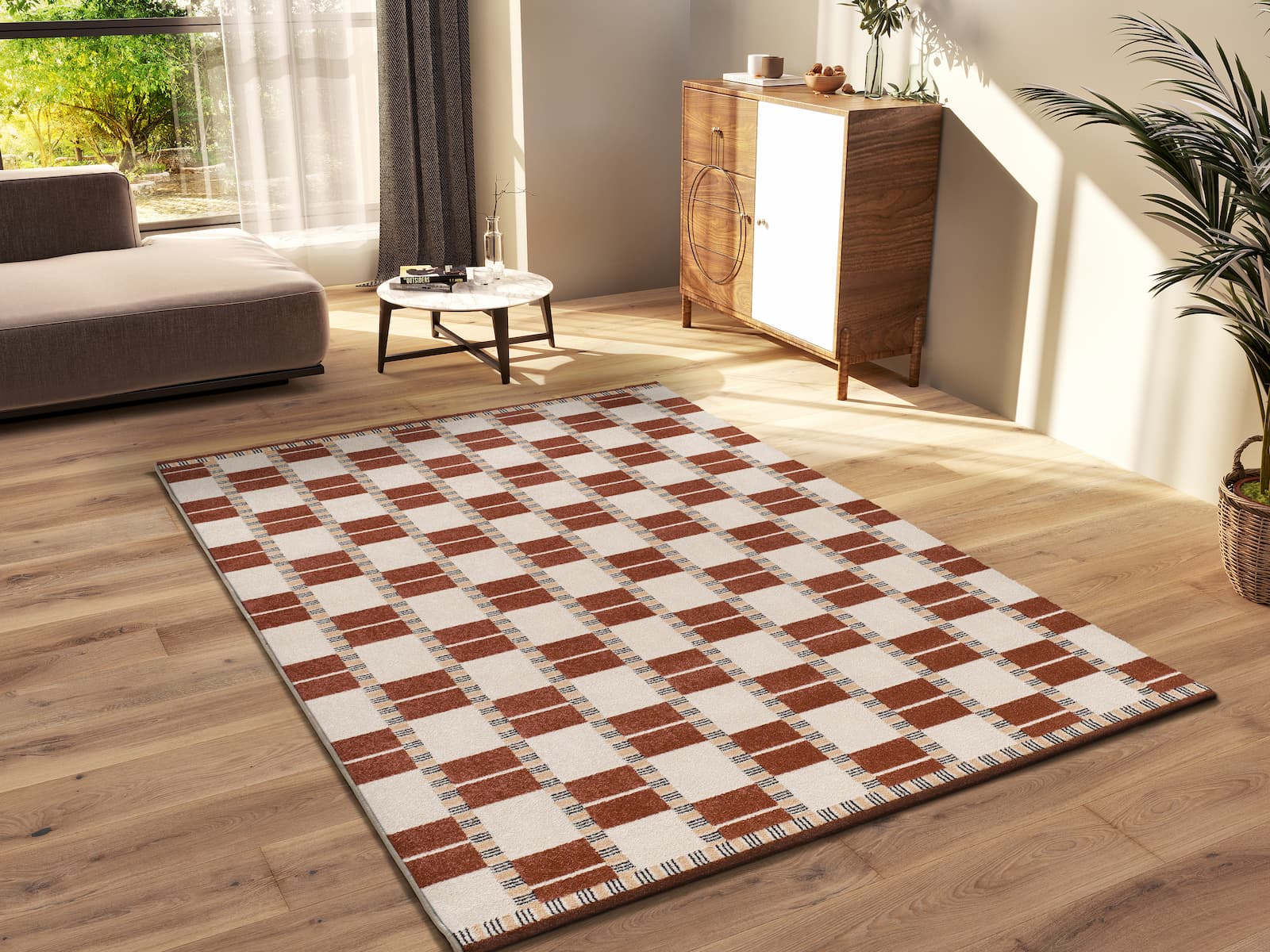 Alfombra geométrica moderna modelo Astro 13016 con diseño de cuadros alternos en color caldera, crema y detalles de líneas en beige y negro.ambiente