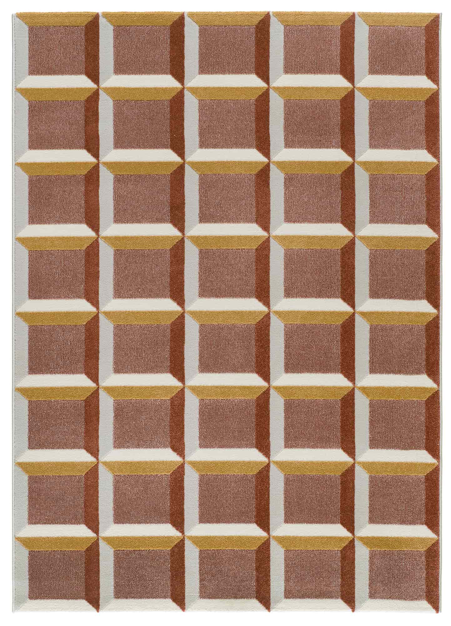 Alfombra moderna modelo Arama 12997 con diseño geométrico de cuadros 3D en color caldera, ocre mostaza y crema.