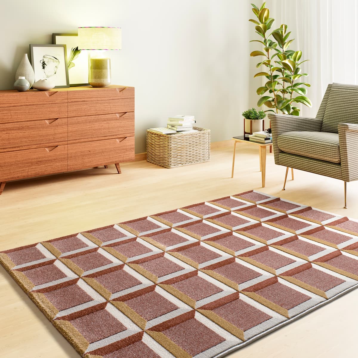 Alfombra moderna modelo Arama 12997 con diseño geométrico de cuadros 3D en color caldera, ocre mostaza y crema. ambiente