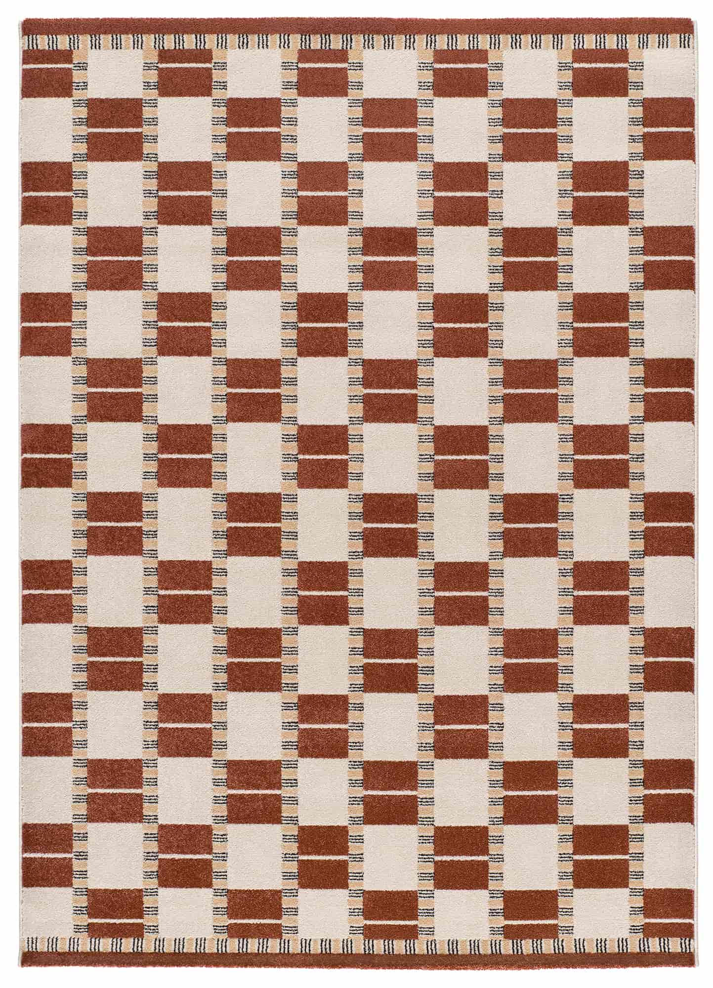 Alfombra geométrica moderna modelo Astro 13016 con diseño de cuadros alternos en color caldera, crema y detalles de líneas en beige y negro. general